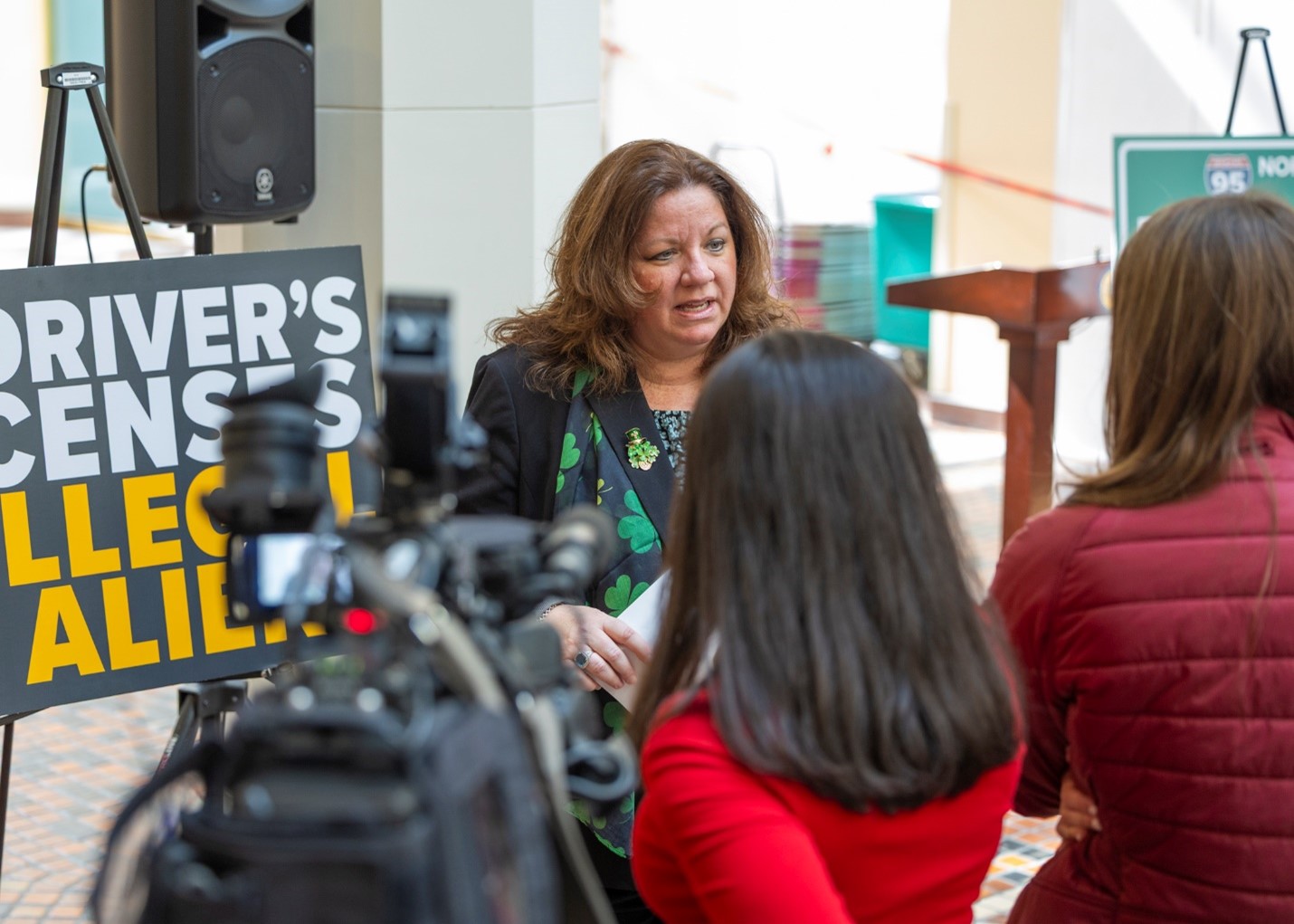 Rep. Donna Scheuren speaking to the media about House Bill 927, which would amend the Pennsylvania Constitution to prohibit the issuance of driver’s licenses to illegal immigrants. 