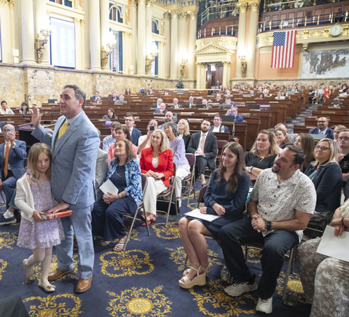 Rep. George Margetas (R-York) taking the oath of office, with his daughter Charitini, to begin his first term as representative of the 196th Legislative District. 